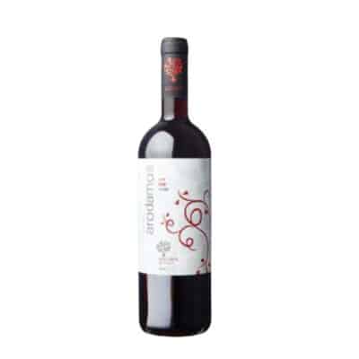 A bottle of Arodamos 2020 Red Dry Wine, a robust blend of Kotsifali and Merlot from Crete, Greece.