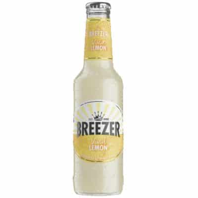 A bottle of Breezer Vivid Lemon, a refreshing pre-mixed cocktail of rum and lemon.