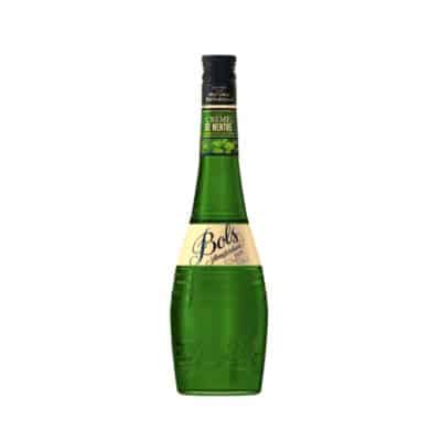 A bottle of green Bols Creme de Menthe Mint Liqueur 50cl with a glass of the liqueur.