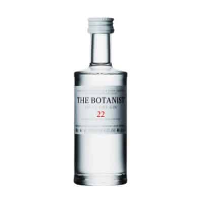 A miniature bottle of The Botanist Islay Dry Gin with a white cap.