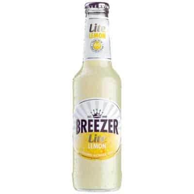 A 275ml bottle of Breezer Lite Lemon, a zesty and tropical alcoholic beverage with fewer calories.