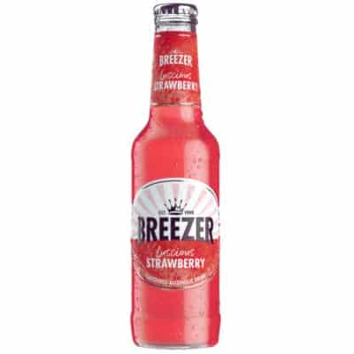 A bottle of Breezer Luscious Strawberry, a refreshing pre-mixed cocktail of rum and strawberry.