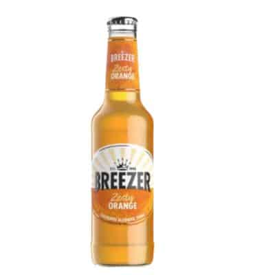 A bottle of Breezer Zesty Orange, a refreshing pre-mixed cocktail of rum and orange.