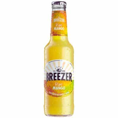 A bottle of Breezer Ripe Mango, a refreshing pre-mixed cocktail of rum and mango.