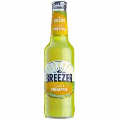 A bottle of Breezer Sweet Pineapple, a refreshing pre-mixed cocktail of rum and pineapple.