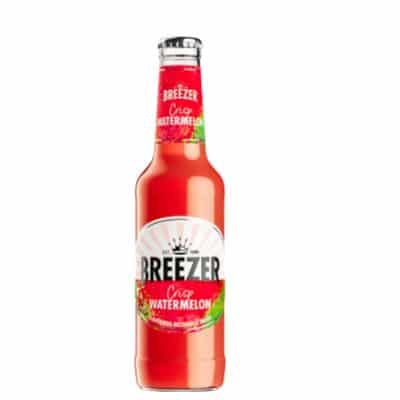 A bottle of Breezer Crisp Watermelon, a refreshing pre-mixed cocktail of rum and watermelon.