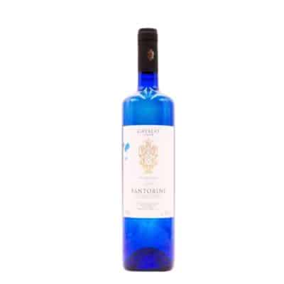 A bottle of Gavalas Santorini Assyrtiko Blue, a unique white wine from Santorini, Greece.