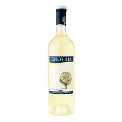 A bottle of white wine with a label featuring a colorful tree design.