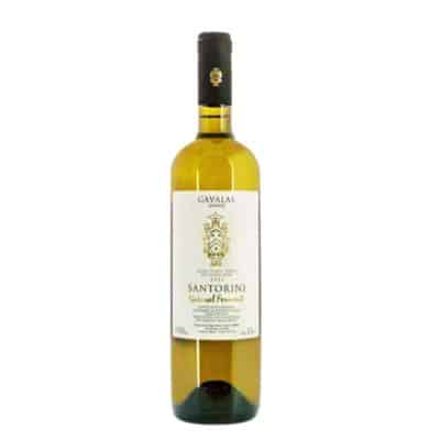 A bottle of Gavalas Santorini Natural Ferment, a white wine from Greece.