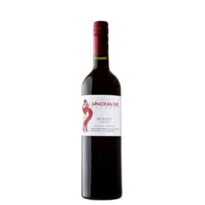 A bottle of Harmony Red wine by Avantis Estate, a medium-bodied red blend from Evia, Greece.