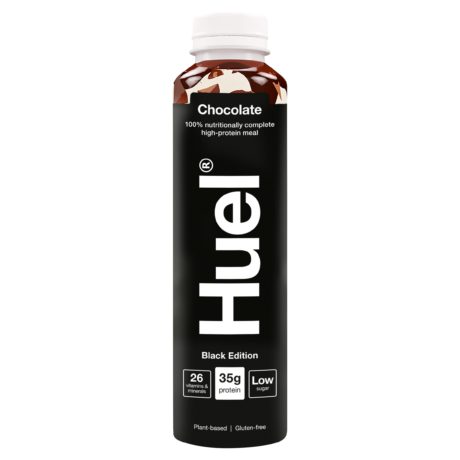 A bottle of Huel Black Edition Chocolate Ready-to-Drink, a high-protein meal replacement shake.