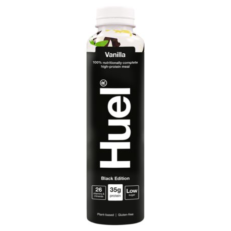 A bottle of Huel Black Edition Vanilla Ready-to-Drink, a high-protein meal replacement shake.