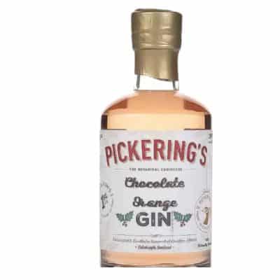 A 20cl bottle of Pickering's Chocolate Orange Gin, showcasing the clear liquid and label with a chocolate orange design.