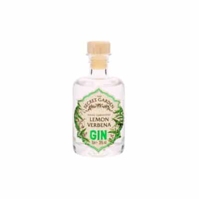 A 5cl miniature bottle of The Secret Garden Lemon Verbena Gin, showcasing the clear liquid and label with botanical illustrations.