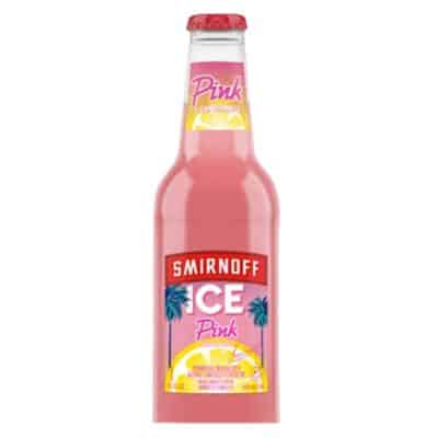 A bottle of Smirnoff Ice Pink Lemonade, featuring a pink label with palm trees and a slice of lemon.