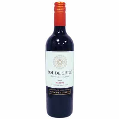 A bottle of Sol de Chile Merlot red wine.