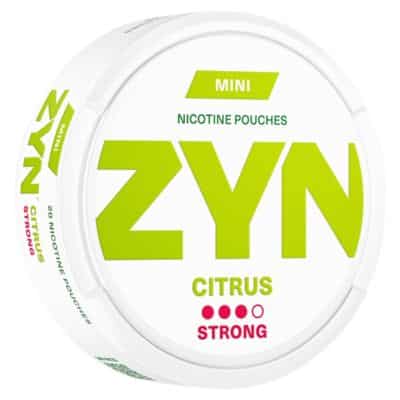 A can of ZYN Citrus Mini Strong Nicotine Pouches, with a white can and a green lid.