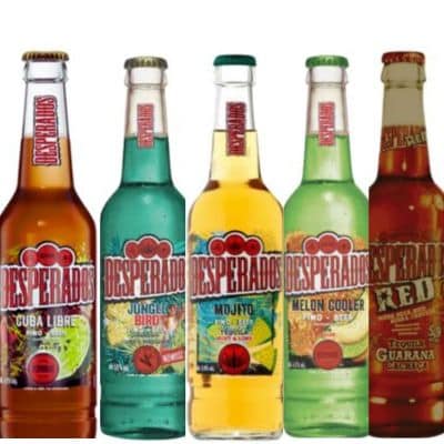 Desperados Variety Pack featuring five unique flavors: Cuba Libre, Jungle Bird, Mojito, Melon Cooler, and Red. Order now from Golden Acre Wines and enjoy UK-wide delivery.