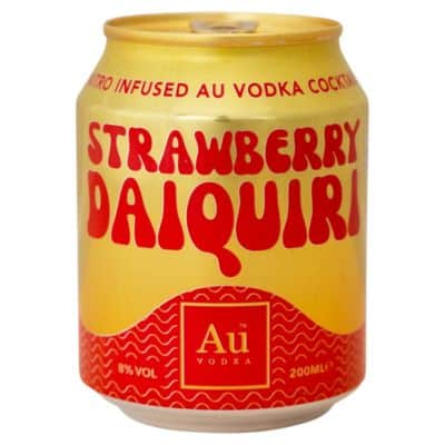 A gold can of Au Vodka Strawberry Daiquiri with red text and graphics, showing the brand logo and product details.