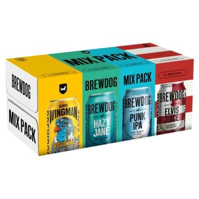 BrewDog Mix Pack featuring Wingman, Hazy Jane, Punk IPA, and Elvis Juice craft beers.