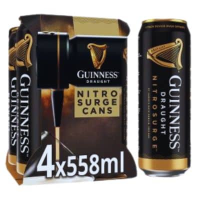 A four-pack of Guinness Nitrosurge Stout cans. The cans are black with the iconic Guinness harp logo.