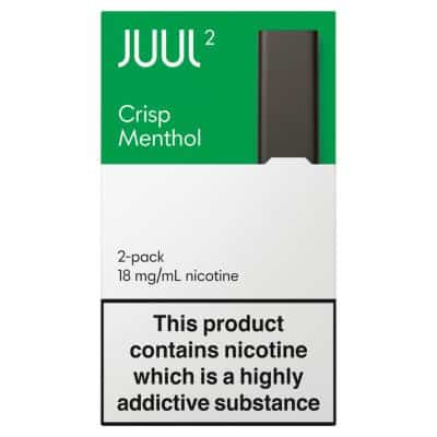 JUUL2 Pods Crisp Menthol 18mg 2pk packaging, featuring the device and flavor description.