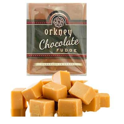 Orkney Chocolate Fudge, 100g bar, wrapped in brown paper with Orkney branding.