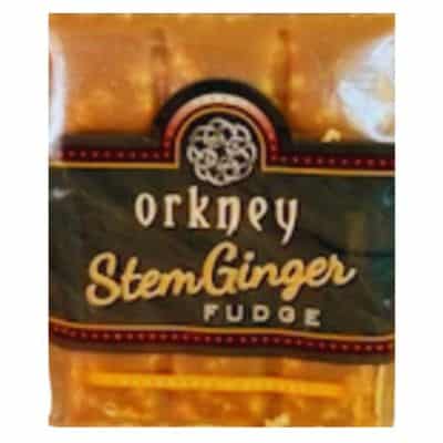 Orkney Stem Ginger Fudge, 100g bar, featuring a golden package with the Orkney logo and "Stem Ginger Fudge" text.