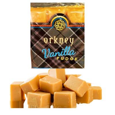 Orkney Vanilla Fudge, 100g bars, with a creamy texture, displayed with the packaging featuring a tartan design and Orkney branding.