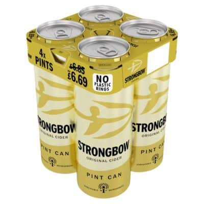 Four pint cans of Strongbow Original Apple Cider.