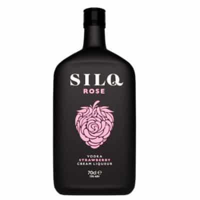 A bottle of Silq Rose Strawberry Vodka Cream Liqueur.